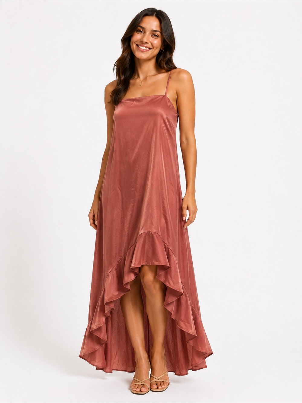 Cupshe Dusty Rose Spaghetti-Strap High-Low Ruffle Maxi Dress